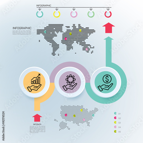 Vector business template with 3 steps infographic. Inforgraphics timeline template. World map with graphic elements