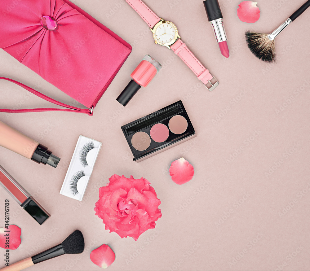 Fashion Makeup Cosmetic Set. Woman Beauty Accessories Set. Makeup  Essentials. Fashion Design. Lipstick Brushes Eyeshadow, fashion Glamor  Stylish Clutch. Rose.Minimal Concept.Top view.Cosmetic Overhead Stock Photo  | Adobe Stock