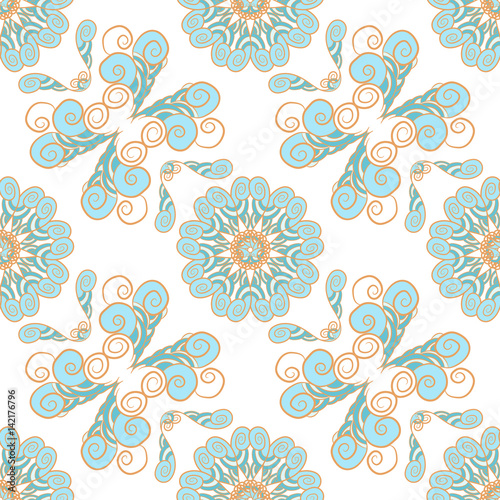 Abstract pattern with blue and orange helix and flowers
