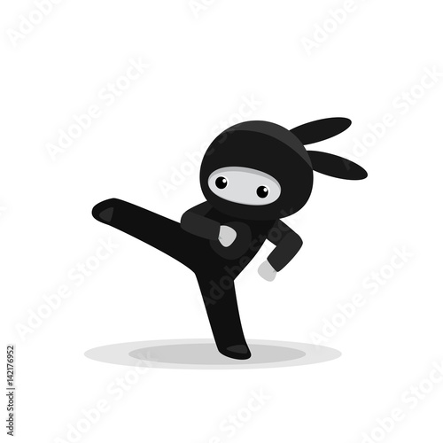 Kicking cute bunny ninja isolated on white background