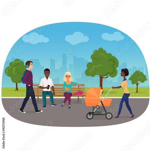 Different people are on their daily goings in the park vector illustration. People walking in city park.