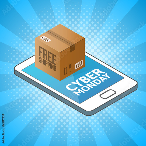 Cyber Monday background. Isometric smartphone with cardboard box sealed with Tape Dispenser. Online shopping, Free delivery concept. Sale, e-commerce, retailing, discount theme. Vector illustration.