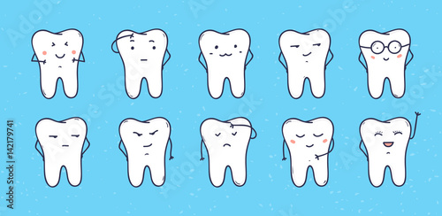 funny teeth icons, set of doodle cartoon characters.