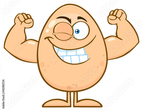 Strong Egg Cartoon Mascot Character Winking And Showing Muscle Arms. Illustration Isolated On White Background