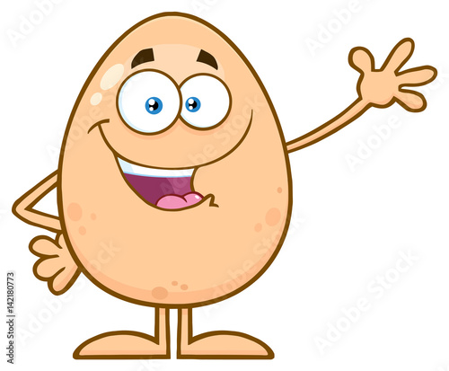 Happy Egg Cartoon Mascot Character Waving For Greeting. Illustration Isolated On White Background