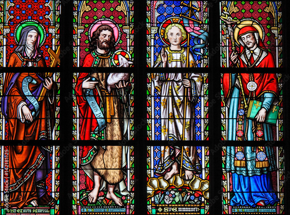 Stained Glass in Brussels Sablon Church - Catholic Saints Stock Photo |  Adobe Stock