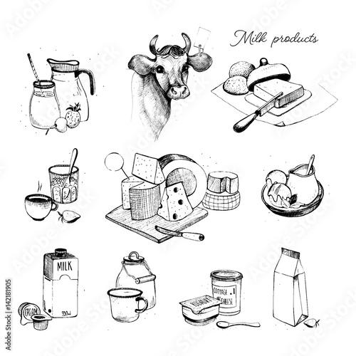 Dairy products hand drawn collection. Set milky farming assortment. Illustration on white background.