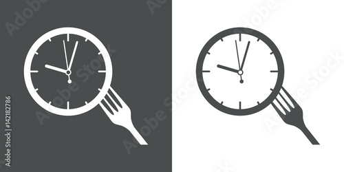 Icono plano tenedor con reloj gris y blanco