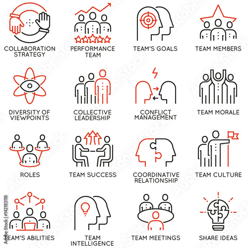 Vector set of 16 linear quality icons related to team work, career progress and business process. Mono line pictograms and infographics design elements - part 2