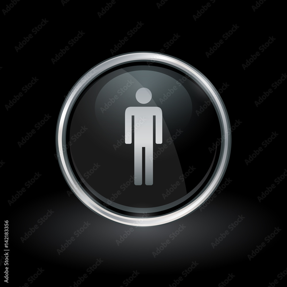 Man toilet symbol with male silhouette icon inside round chrome silver and black button emblem on black background. Vector illustration. Man toilet symbol with male silhouette icon inside round chrome silver and black button emblem on black background. Vector illustration.