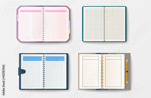 Set of open realistic notebooks with pages diary office sheet template booklet and blank paper education copybook organizer vector illustration.