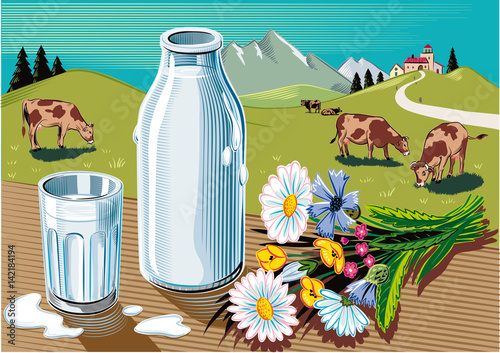 Glass and bottle of fresh pasteurized milk, a bunch of wild flowers and agricultural landscape with grazing cows.