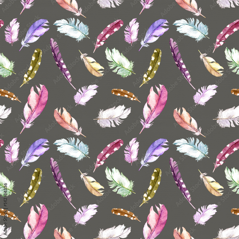 Fototapeta premium Feathers pattern for wallpaper design. Watercolor seamless background. 