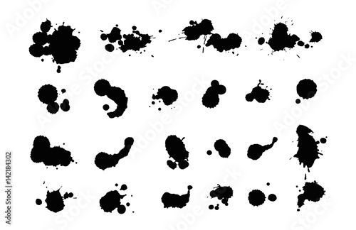 Vector set of ink splashes blots splatter collection grunge design element and art messy backdrop color dirty liquid shape spatter black white silhouette illustration