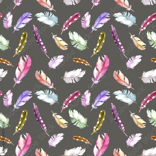 Feathers pattern for wallpaper design. Watercolor seamless background. 