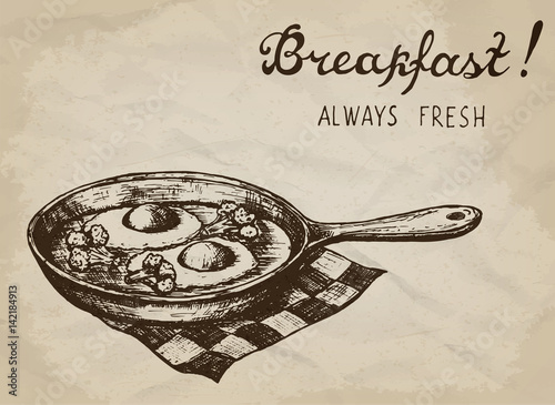 Fried eggs with broccoli on the pan. Hand drawn vector illustration.