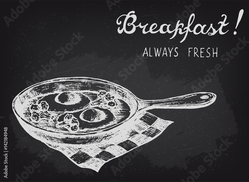 Fried eggs with broccoli on the pan. Chalkboard style vector illustration.