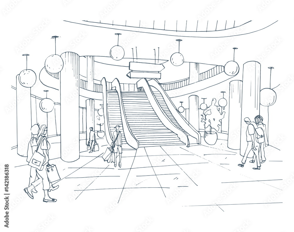 Modern interior shopping center, mall. Contour sketch illustration. Stock  Vector | Adobe Stock