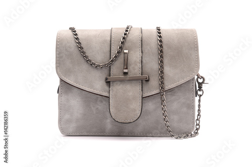 Gray leather clutch with chain isolated on white