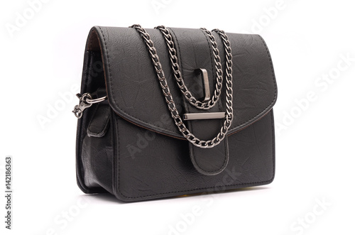 Black leather clutch with chain isolated on white