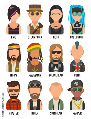 Set icon different subcultures people. Hipster, raper, emo, rastafarian, punk, biker, goth, hippy, metalhead, steampunk, skinhead, cybergoth.