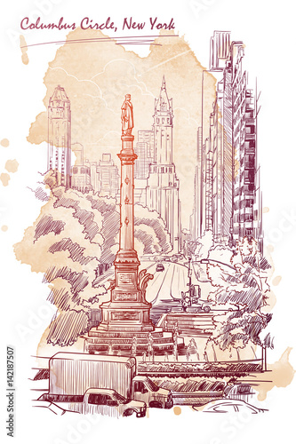 Urban view of Columbus Circus and West 59th street in New York. Hand drawn sketch on grunge textured spot background. EPS10 vector illustration.