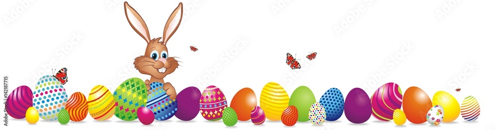 Osterbanner mit bunten Ostereiern und Osterhase