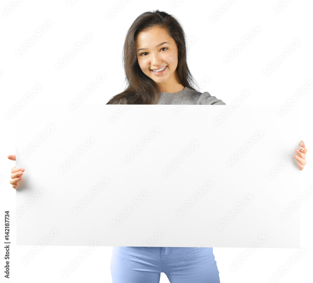 Beautiful young woman holding blank card. Isolated on white background Beautiful young woman holding blank card. Isolated on white background