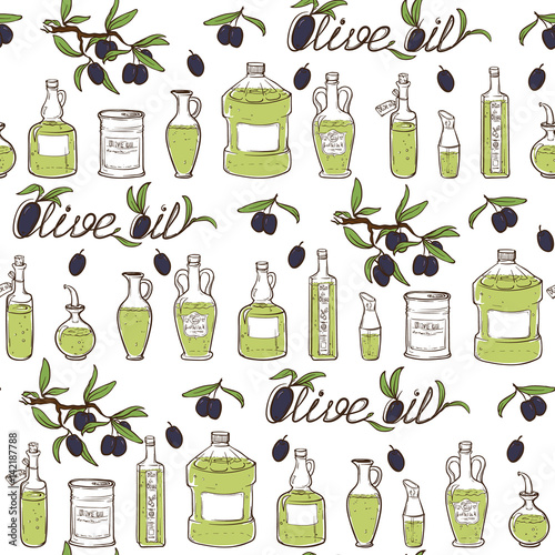 Hand Drawn doodle style Olive Oil Seamless Pattern with various types of olive oil package. EPS10 vector illustration.