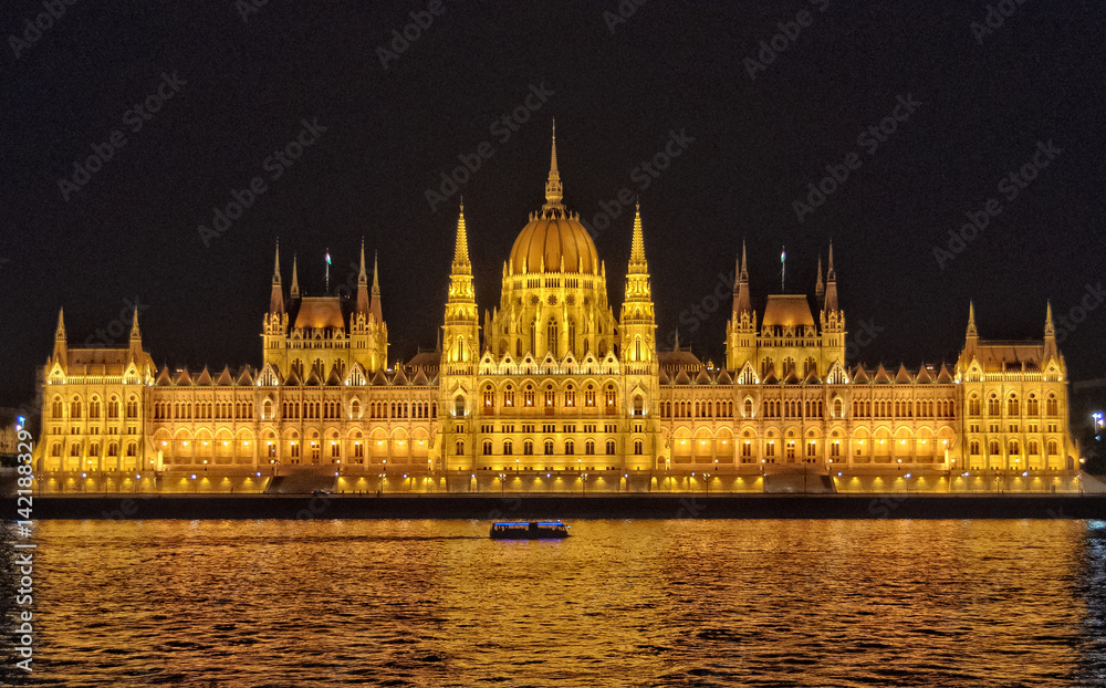 Illuminated Hungarian Parliament Building in Budapest, Hungary