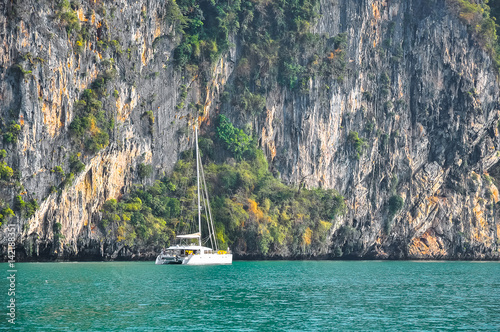Marine catamaran on a background of a steep rocky shore