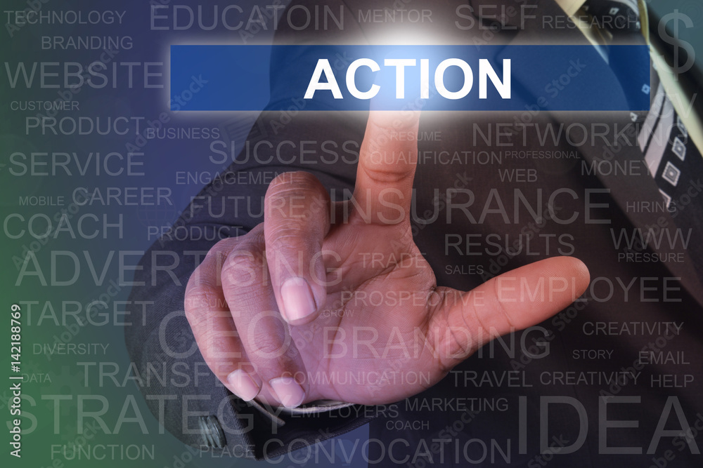 Businessman touching action button on virtual screen Businessman touching action button on virtual screen