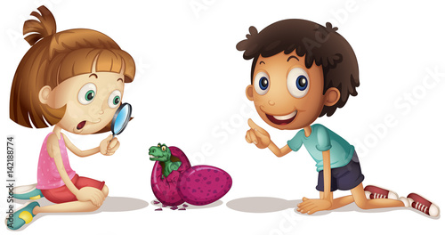 Two kids looking at baby dinosaur hatching egg