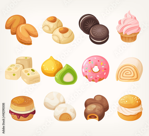 Sweets and cookies for tea from all over the world. Dessrt food in vector.
