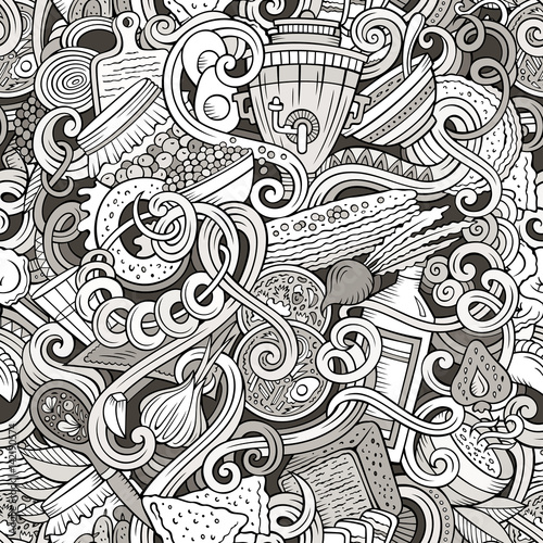 Cartoon doodles Russian food seamless pattern