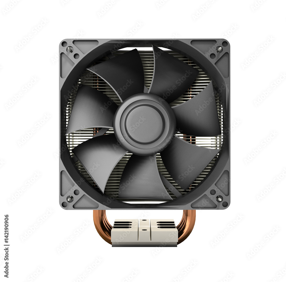 Active CPU cooler with the aluminum finned heat-sink and the fan 3d render no shadow Active CPU cooler with the aluminum finned heat-sink and the fan 3d render no shadow