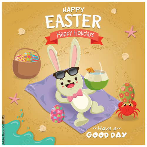 Vintage Easter poster beach design with Easter rabbit