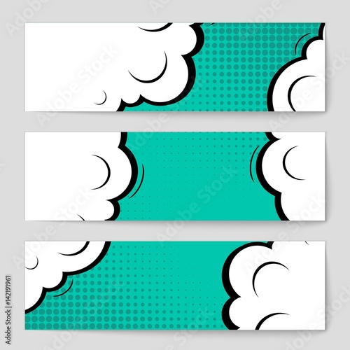Abstract creative concept vector comic pop art style blank, layout template with clouds beams and isolated dots background. For sale banner, empty speech bubble set, illustration halftone book design.