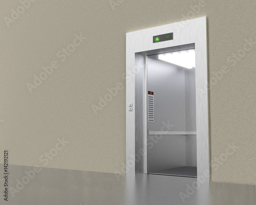 Empty modern elevator with opened doors 3D rendering image.