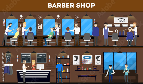 Barbershop interior, stylish hair salon or barber shop. Hairdresser and customer. Cutting styling washing, hair dryer.