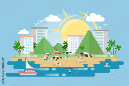 city beach vector illustration. Sun sea boat and people