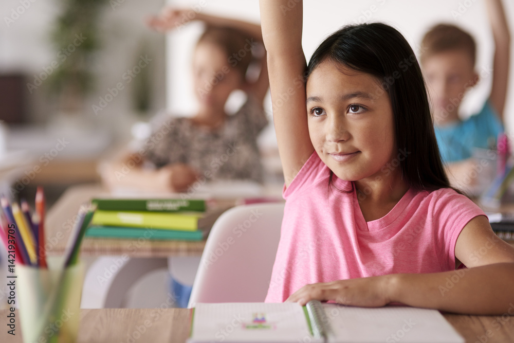 Teenage student raising hand in classroom Teenage student raising hand in classroom