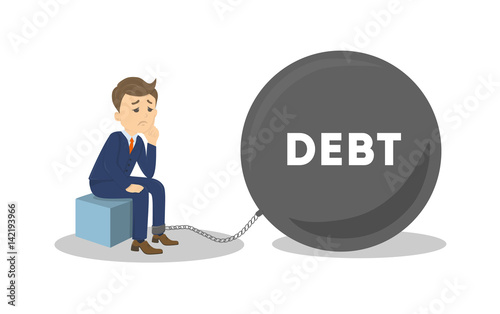 Sad businessman or Office Worker with a Big Debt Weight. Vector Illustration
