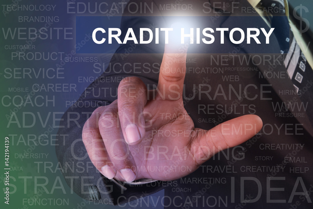 Businessman touching cradit history button on virtual screen Businessman touching cradit history button on virtual screen