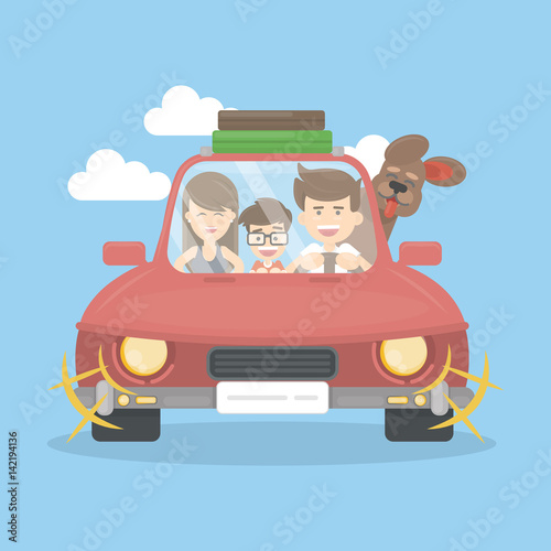 family in car travel. Mother father son and dog on vacation.