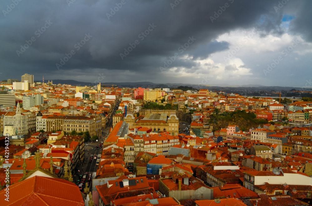 Panorama aerial view to Porto at sunset, Portugal