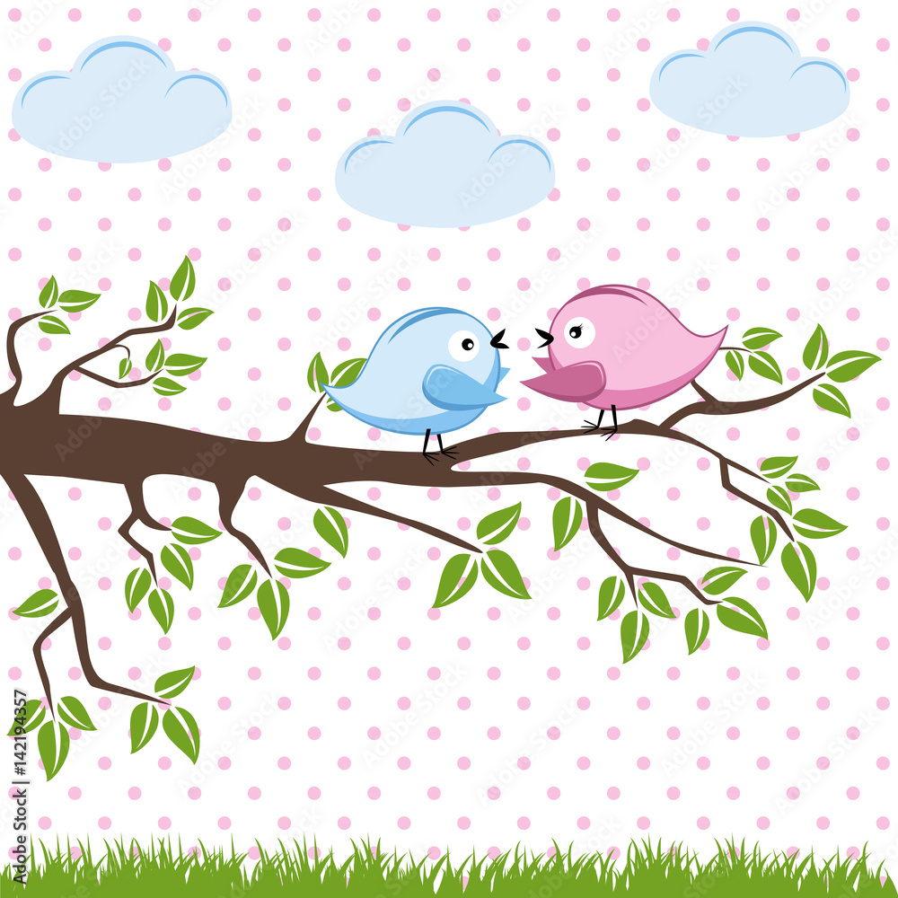 Birds in love on branch. Vector illustration on white background.