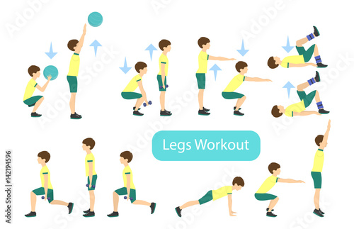 Legs workout set on white background. Exercises for boy. Healthcare for children.