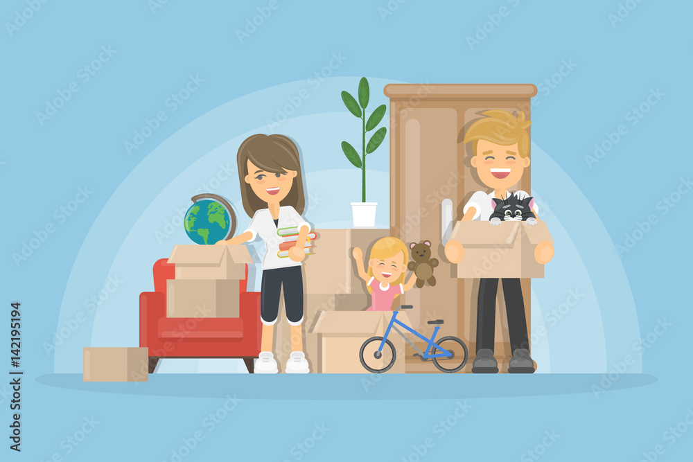 Moving to new house. young family relocation vector illustration Moving to new house. young family relocation vector illustration