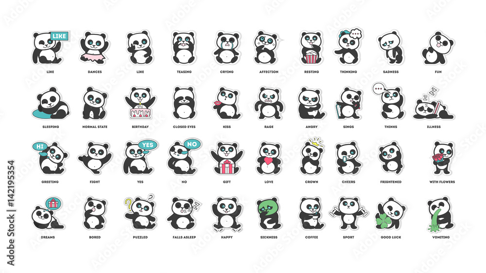 cute panda, stickers collection, in different poses, different moods vector  illustration Stock Vector | Adobe Stock